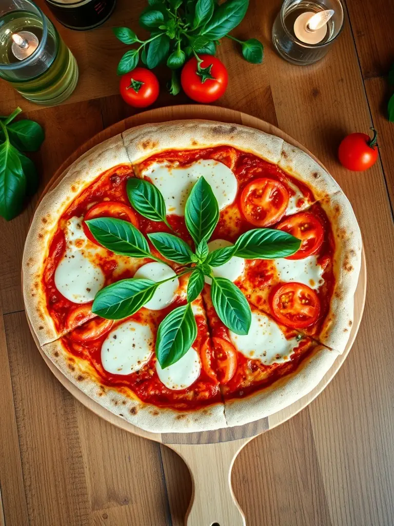 A vibrant, overhead shot of a classic Margherita pizza on a wooden peel, showcasing its fresh basil leaves, melted mozzarella, and vibrant tomato sauce, ready to be served at Salvatore's.