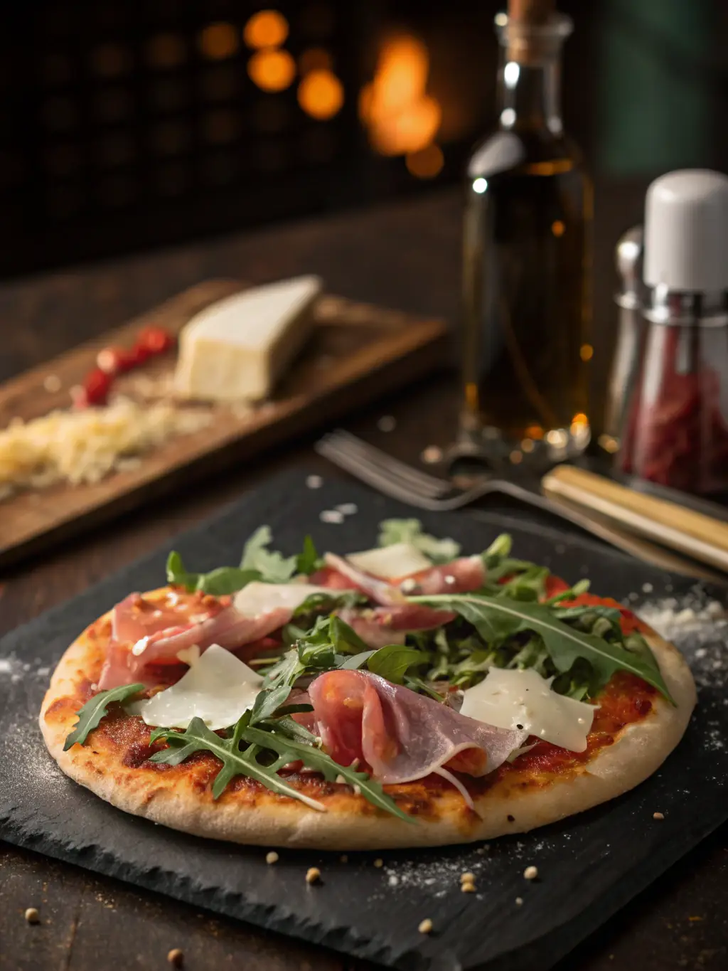 A gourmet pizza topped with prosciutto, arugula, shaved Parmesan cheese, and a drizzle of balsamic glaze, highlighting its sophisticated flavors and high-quality ingredients.