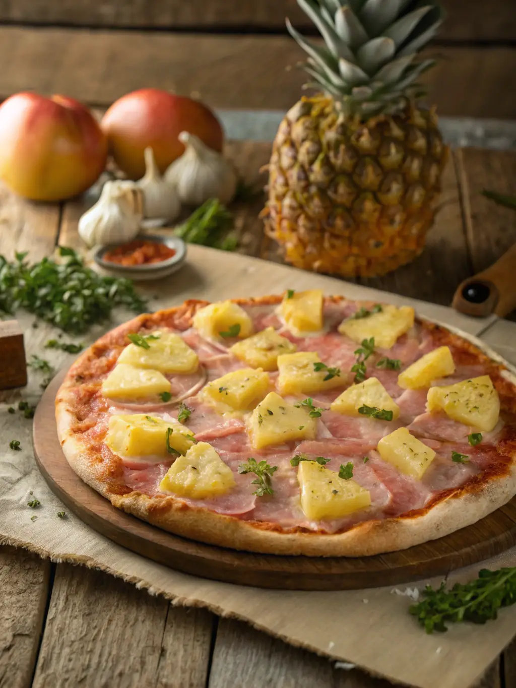 An appetizing image of a Hawaiian pizza, showcasing the combination of pineapple, ham, and melted cheese on a crispy crust, served at Salvatore's.