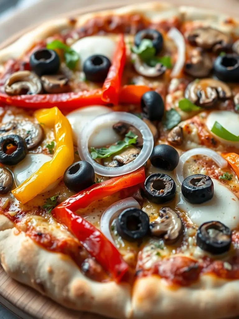 A visually appealing image of a vegetarian pizza, featuring a colorful assortment of fresh vegetables like bell peppers, mushrooms, onions, and olives on a crispy crust, available at Salvatore's.