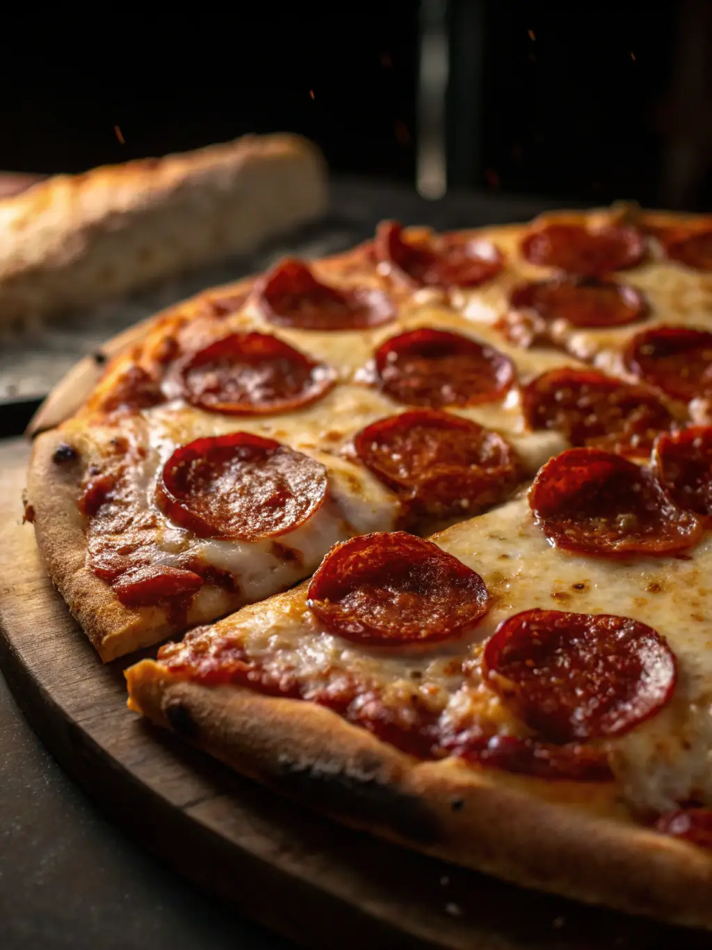 A close-up image of a pepperoni pizza slice being lifted, revealing the melted cheese, crispy pepperoni, and a glimpse of the golden-brown crust, highlighting Salvatore's quality ingredients.