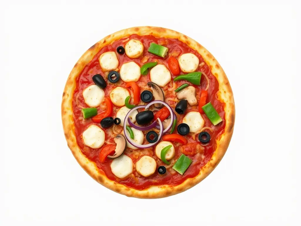 A medium-sized pizza with a variety of colorful toppings such as bell peppers, onions, mushrooms, and olives, highlighting the diverse topping options available.