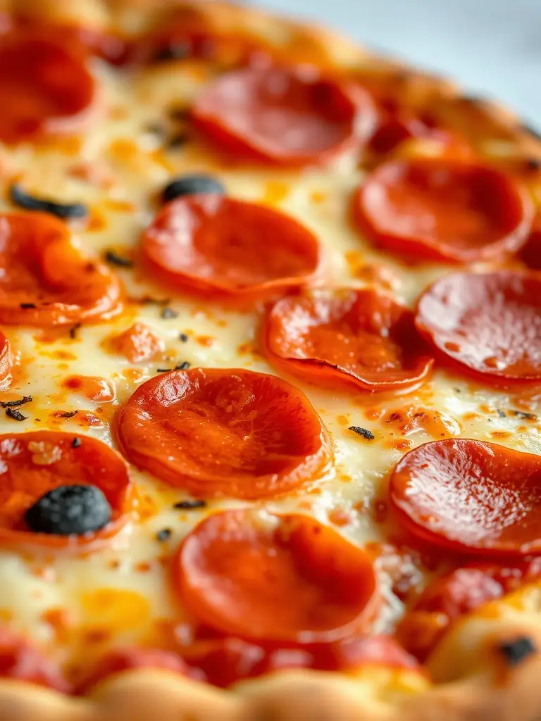 A pepperoni pizza with a generous layer of pepperoni slices, melted mozzarella cheese, and a slightly charred crust, emphasizing its savory and satisfying appeal.