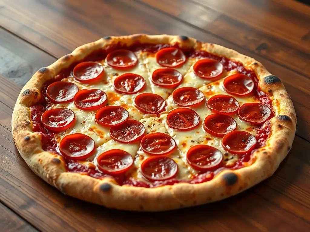 A large pizza being sliced, showcasing its generous size and the variety of toppings such as pepperoni, sausage, and mushrooms.