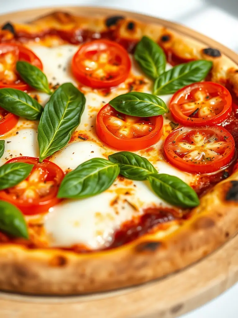 A close-up shot of a classic Margherita pizza with fresh basil, ripe tomatoes, and melted mozzarella cheese, showcasing its vibrant colors and simple, delicious ingredients.